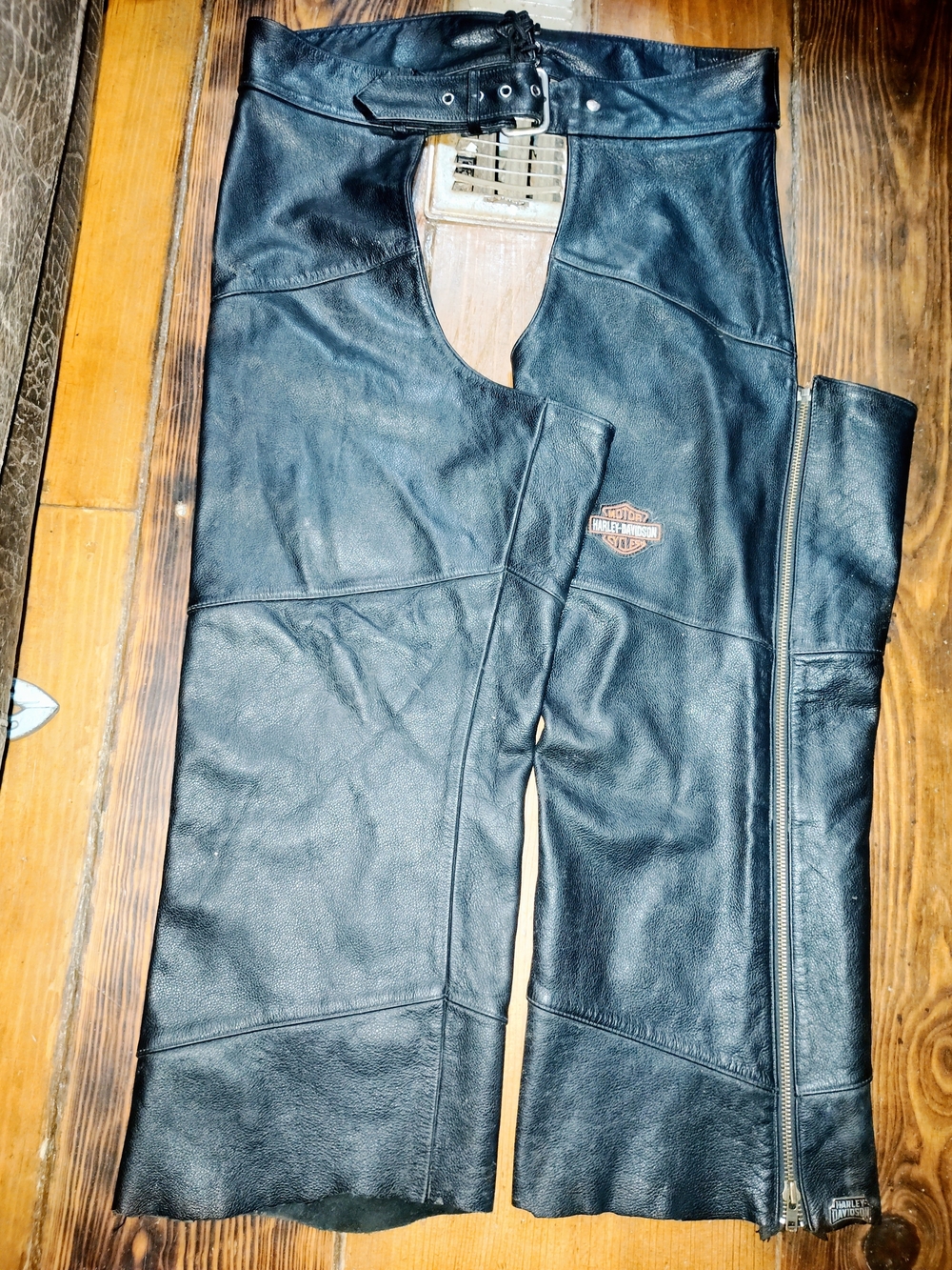 Harley-Davidson Black Leather Motorcycle Chaps with Logo Patch size XL
